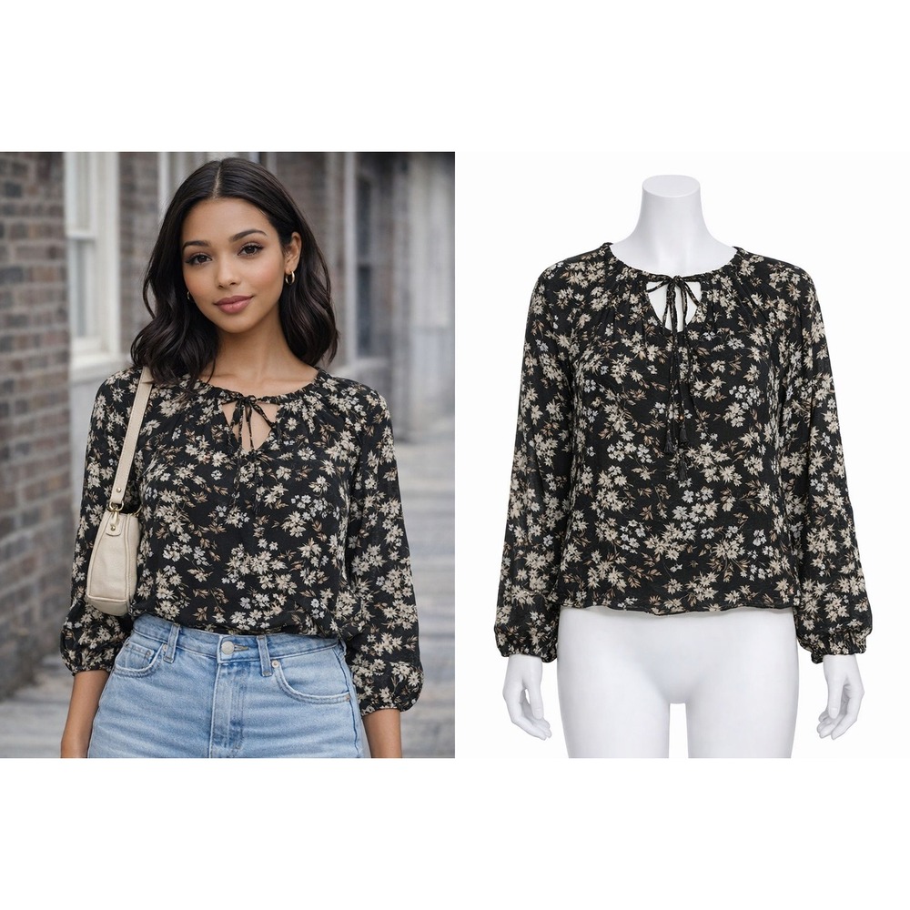 a.n.a Floral Cottagecore Peasant Blouse Black Womens Petite Large‎